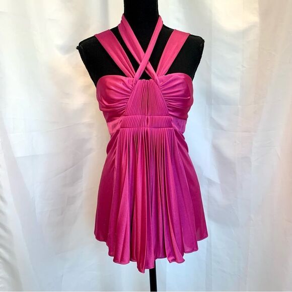 Bcbgmaxazria hot fuchsia pink satin effect pleated ruched halter top blouse Sz M - Picture 11 of 11
